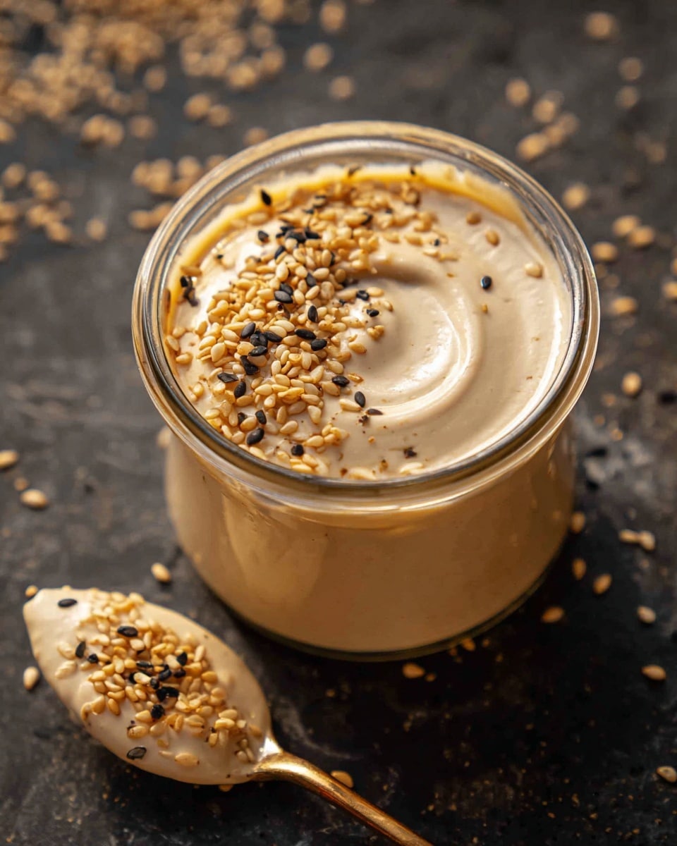 A small glass jar filled with a creamy, light beige sauce that has a smooth and thick texture. On top of the sauce, one side is sprinkled with golden sesame seeds, and the other side has small black pepper flakes scattered lightly. Next to the jar, there is a spoon with the same creamy sauce and pepper flakes on it. The jar and spoon rest on a dark surface with scattered sesame seeds around, and the photo is taken close-up showing the sauce’s swirled surface. photo taken with an iphone --ar 4:5 --v 7