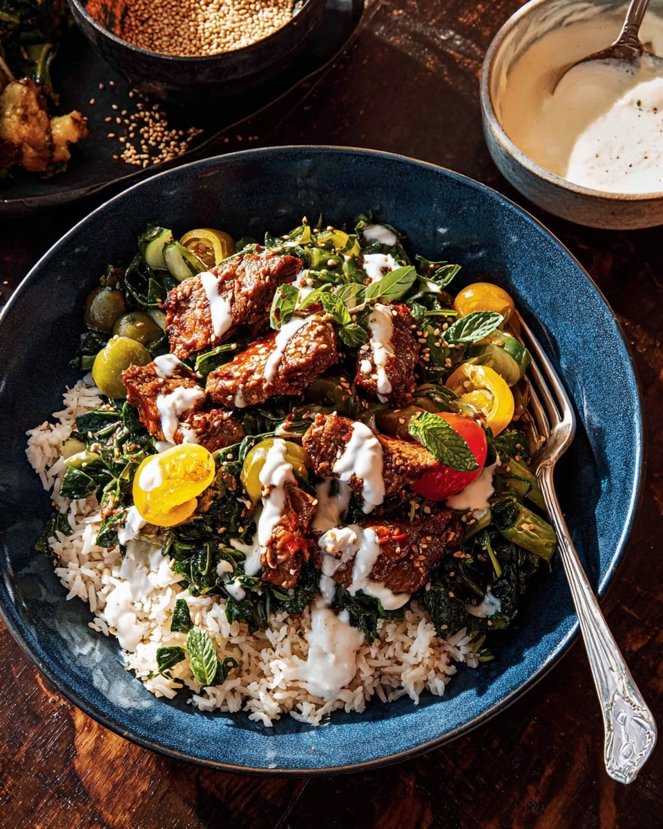 A deep blue bowl holds a dish with three main layers: at the bottom, fluffy white rice speckled with sesame seeds; in the middle, dark green sautéed leafy vegetables mixed with yellow cherry tomato halves and green olive slices; on top, several pieces of browned, spiced grilled meat with a slightly crisp texture. The dish is drizzled with white sauce in uneven streaks and garnished with small green leaves. A vintage silver fork rests on the right side of the bowl. The bowl is placed on a dark wooden surface, with parts of a white bowl filled with sesame seeds and sauce seen nearby. Photo taken with an iphone --ar 4:5 --v 7