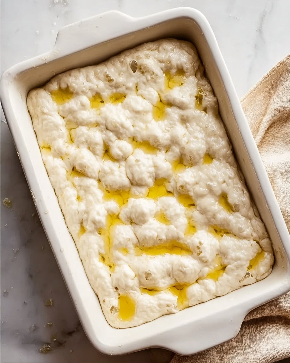 A rectangular white baking dish filled with a golden-brown focaccia bread, topped with scattered rosemary sprigs and coarse salt crystals. The bread has a textured, uneven surface with small rounded peaks and dimples, showing a crisp crust and soft inside. A small drizzle of olive oil glistens on top, adding shine and richness. The dish sits on a white marbled surface with a light tan cloth below it and a small bowl of salt and a bottle of olive oil nearby. photo taken with an iphone --ar 4:5 --v 7