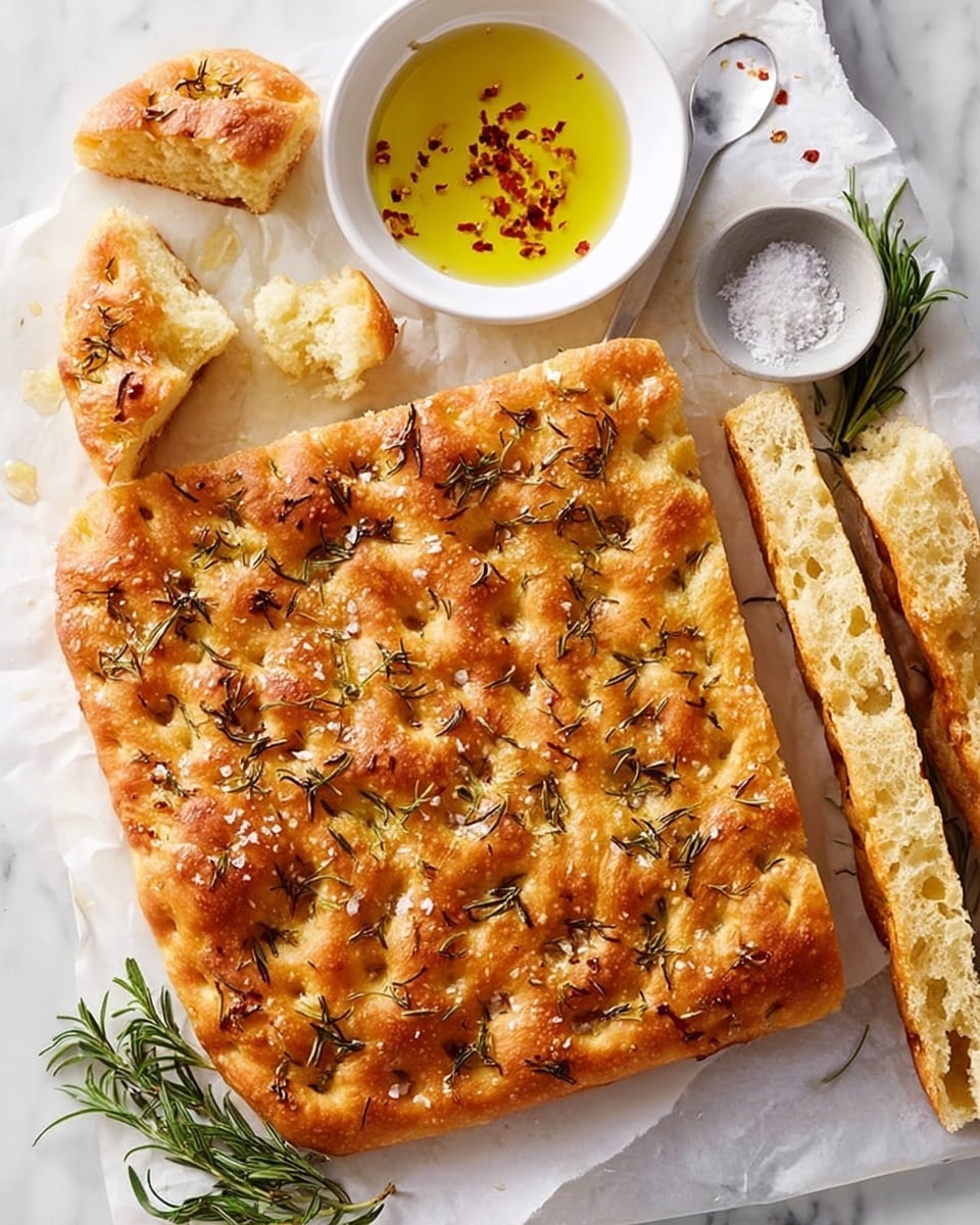 A large square piece of golden focaccia bread with a rough, uneven surface dotted with rosemary leaves and coarse salt, placed on white parchment paper over a white marbled table. Beside it are four long strips of focaccia bread, showing a soft and airy inside with some golden crust edges. Two smaller torn pieces of bread sit near the top left. A white shallow dish filled with olive oil mixed with red chili flakes and herbs is positioned above the bread. A few small rosemary sprigs and a small bowl of coarse salt are scattered around on the white marbled surface. photo taken with an iphone --ar 4:5 --v 7