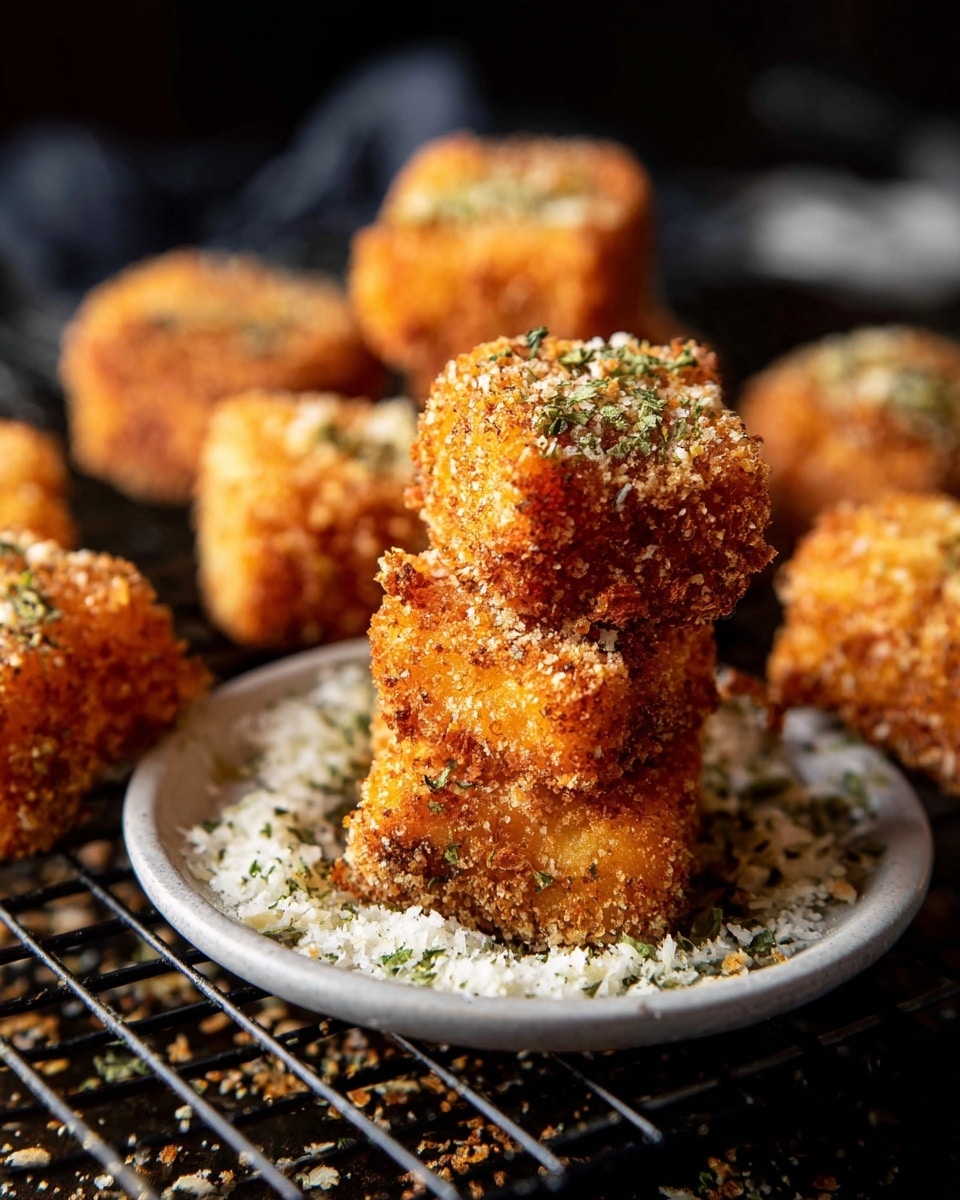 The image shows several small, square-shaped fried pieces with a crispy, golden-brown breadcrumb coating. Two pieces are stacked in the center on a small white plate, which has a layer of grated cheese and green herbs around the base. More coated pieces are scattered around the plate on a dark wire rack. The crumb coating looks crunchy with a sprinkling of herbs on top of the stacked pieces. The background is dark and blurred, drawing attention to the sharp focus of the fried squares in the foreground. photo taken with an iphone --ar 4:5 --v 7