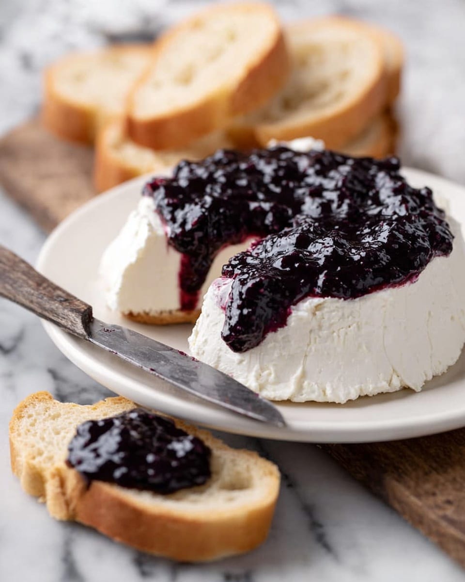 The image shows a round white cheese with two distinct layers on a white marbled surface. The bottom layer is a smooth, white creamy cheese spread evenly. The top layer is a thick, glossy deep purple jam or preserve with a bumpy texture, spread over the cheese. Part of the cheese has a piece removed, revealing the smooth cheese underneath. Around the cheese are pieces of light beige bread, one slice topped with some cheese and jam placed near a rustic knife with a wooden handle. A piece of folded bread rests in the background next to a blue and white striped cloth. Photo taken with an iphone --ar 4:5 --v 7