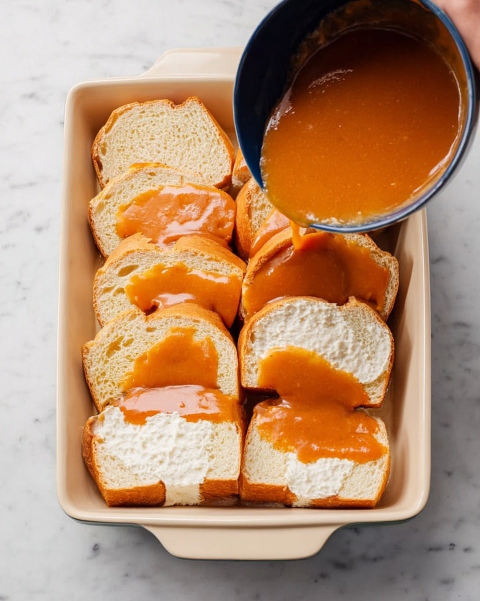 A white rectangular dish holds six pieces of toasted bread covered with melted golden-yellow cheese. Each slice is thickly layered with a visible bright red tomato sauce beneath the cheese, creating two clear layers: the bottom bread layer, dark brown on the edges from toasting, and the top layer of smooth melted cheese with some bubbly spots. The dish rests on a wooden board with a white marbled surface under it, and a striped green and white cloth is next to the dish. Some white plates are visible on the side, with a woman's hand slightly holding the edge. Photo taken with an iphone --ar 4:5 --v 7