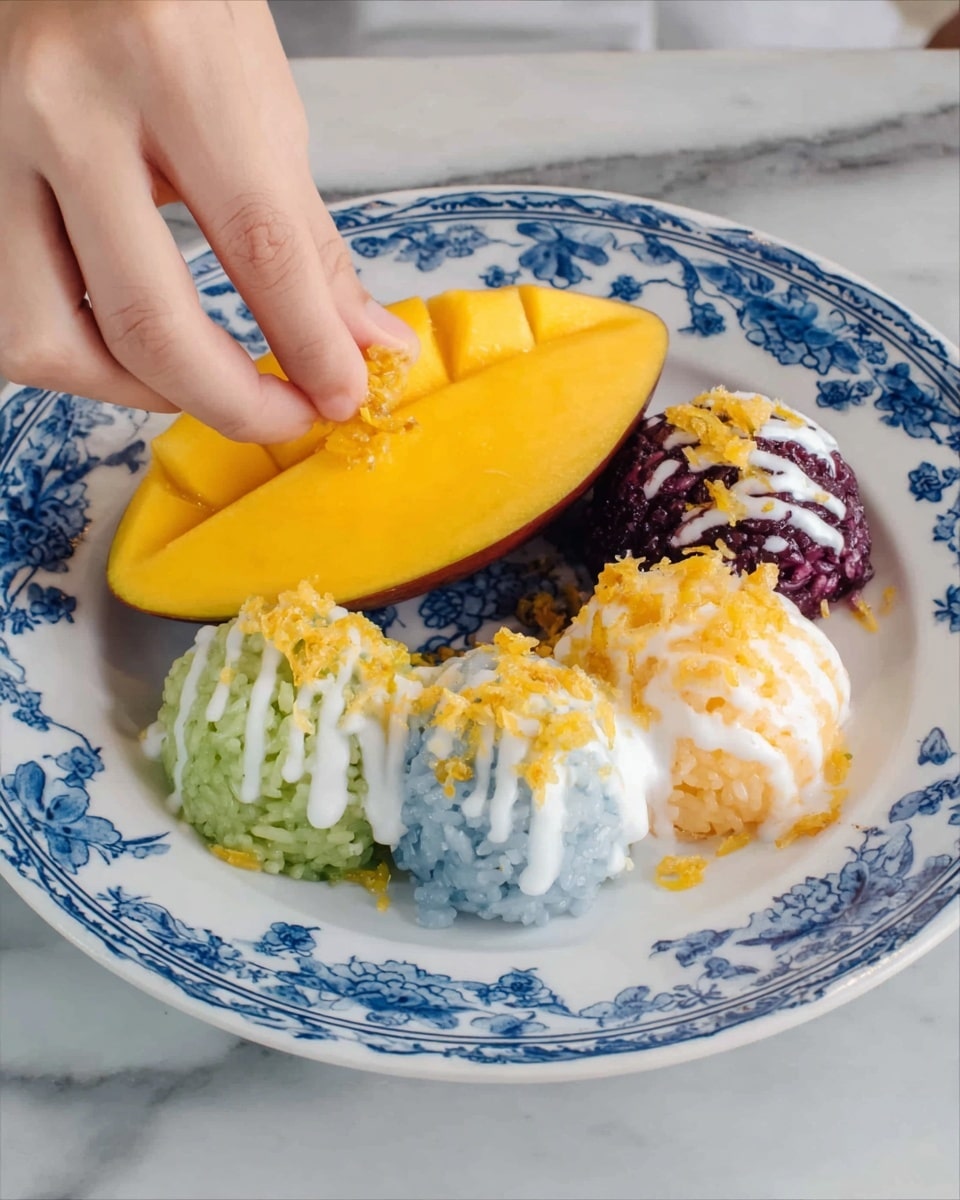 A dark grey ceramic plate holds a colorful arrangement of sticky rice and sliced mango. On the left side, there are six small mounds of sticky rice in different colors: purple, white, yellow, dark purple, light blue, green, and bright red, each topped with light tan toasted seeds. On the right side, several vibrant yellow mango slices with smooth, shiny textures lie neatly fanned out. A gold fork rests on the plate beside the mango. The plate is set on a white marbled surface with green leaves in the top corner. Photo taken with an iphone --ar 4:5 --v 7