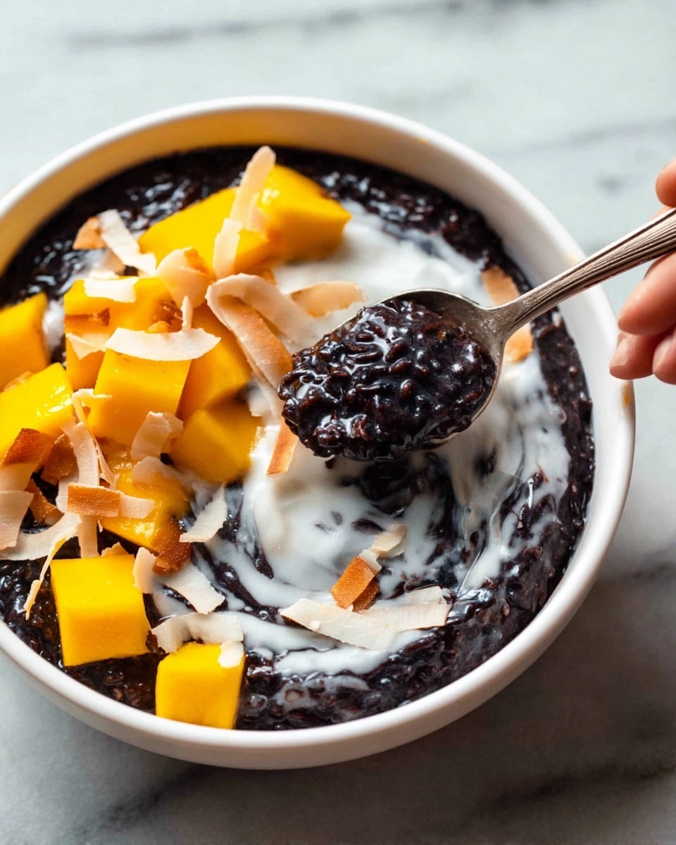 A white bowl holds a dark, shiny black rice pudding base with a thick, creamy white layer swirled into it. On top of the pudding, there are bright orange-yellow cubes of mango and thin, toasted coconut flakes scattered around. A spoon, held by a woman's hand, scoops a portion of the black rice pudding, showing its sticky texture. The background is a white marbled surface. photo taken with an iphone --ar 4:5 --v 7