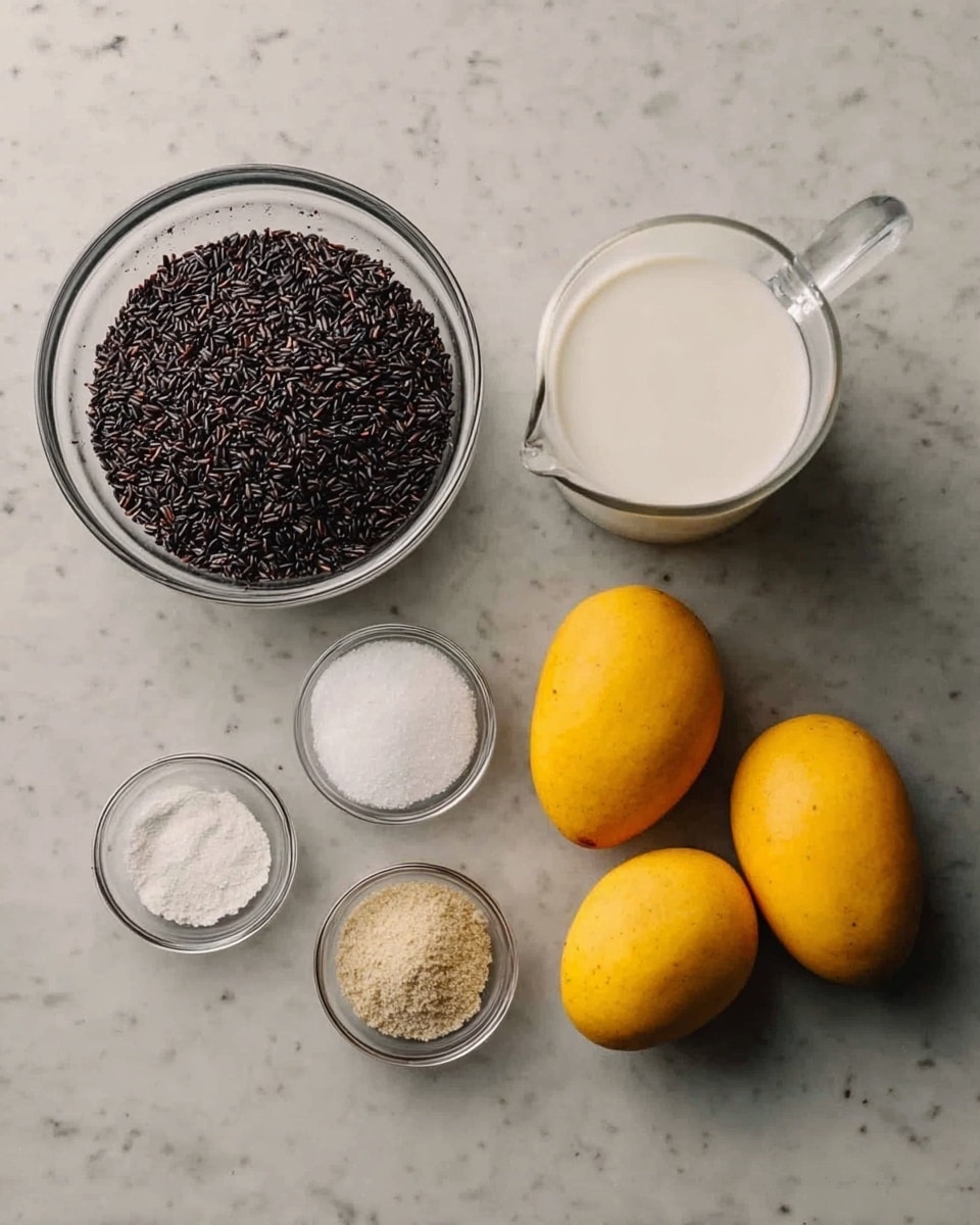A white ceramic bowl filled with three main layers: bright orange mango chunks on the left side, a middle layer of white coconut milk around the fruit, and a mound of dark purple-black sticky rice on the right side. A white glazed ceramic spoon with a long handle is placed diagonally inside the bowl, resting on the sticky rice and coconut milk. The bowl is placed on a white marbled surface with a blurred teapot partly visible on the side. Photo taken with an iphone --ar 4:5 --v 7