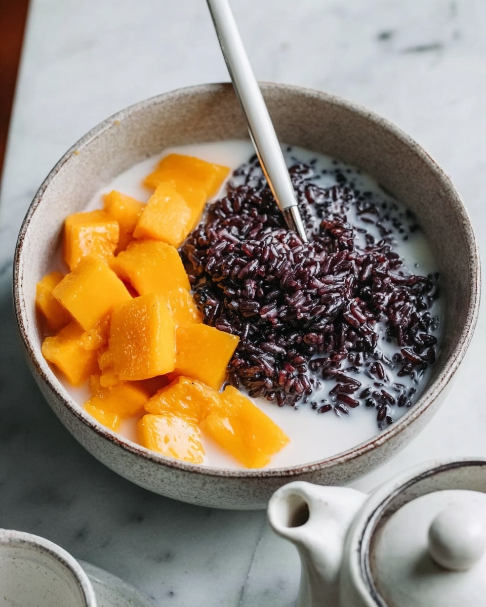 The image shows two white bowls filled with a dessert, each containing three layers: the bottom layer is white and smooth, the middle layer is dark purple with a sticky texture, and the top layer is bright orange mango pieces cut into cubes. Next to the bowls, there is a small white bowl filled with white creamy sauce and a small white bowl with mango cubes. The bowls rest on a white marbled surface, with a woman's hand holding a spoon in one of the bowls. Photo taken with an iphone --ar 4:5 --v 7