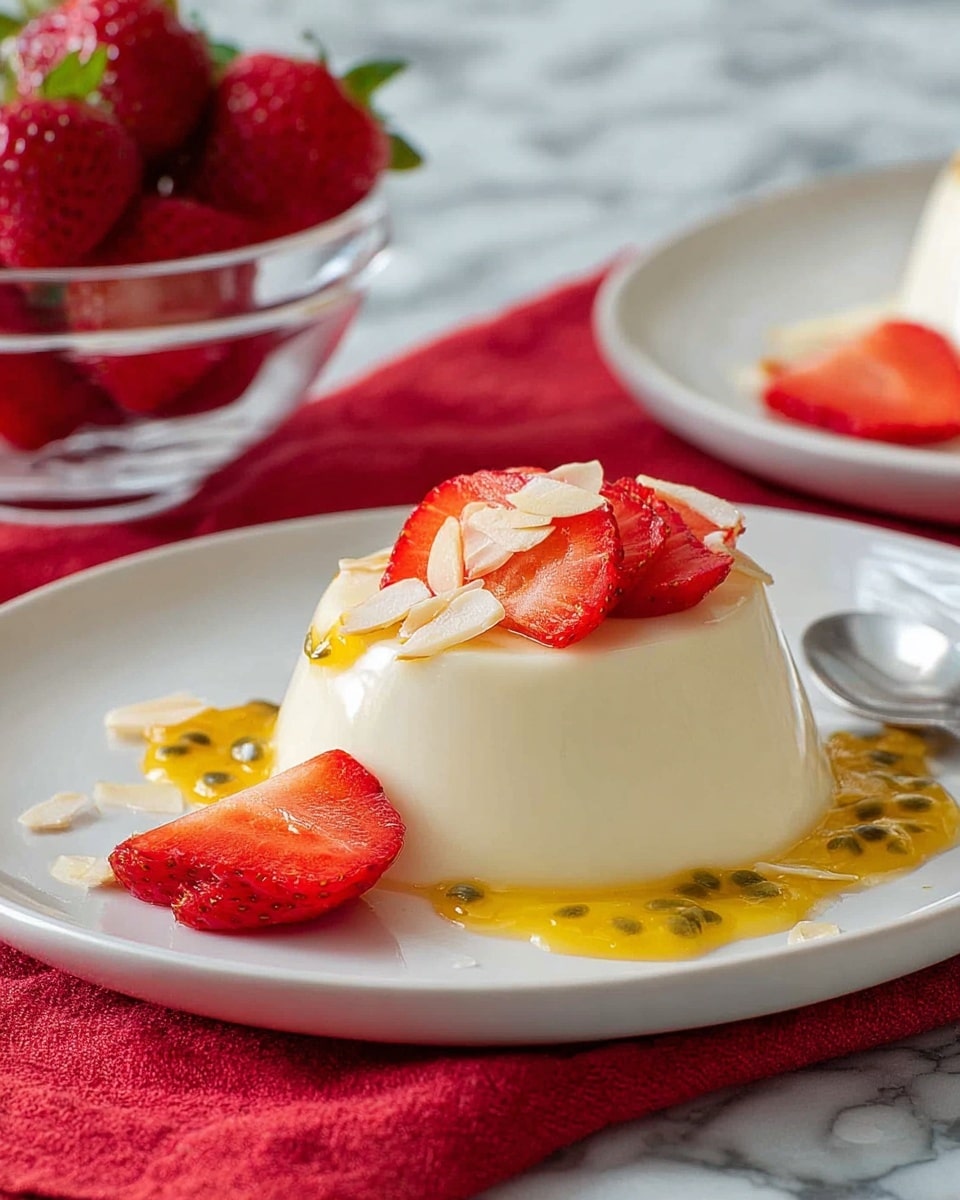 The image shows two white plates each holding a smooth, creamy panna cotta dessert. Each panna cotta is topped with a layer of vibrant yellow passion fruit sauce with visible seeds, thin white coconut flakes, and a few sliced bright red strawberries arranged on top and beside the panna cotta. The plates sit on a red cloth with fringed edges, placed on a white marbled surface. In the background, there is a clear glass bowl filled with fresh whole strawberries, some scattered strawberries on the surface, and two halved passion fruits with dark purple skins and yellow insides. White-handled cutlery is placed next to the plates. photo taken with an iphone --ar 4:5 --v 7