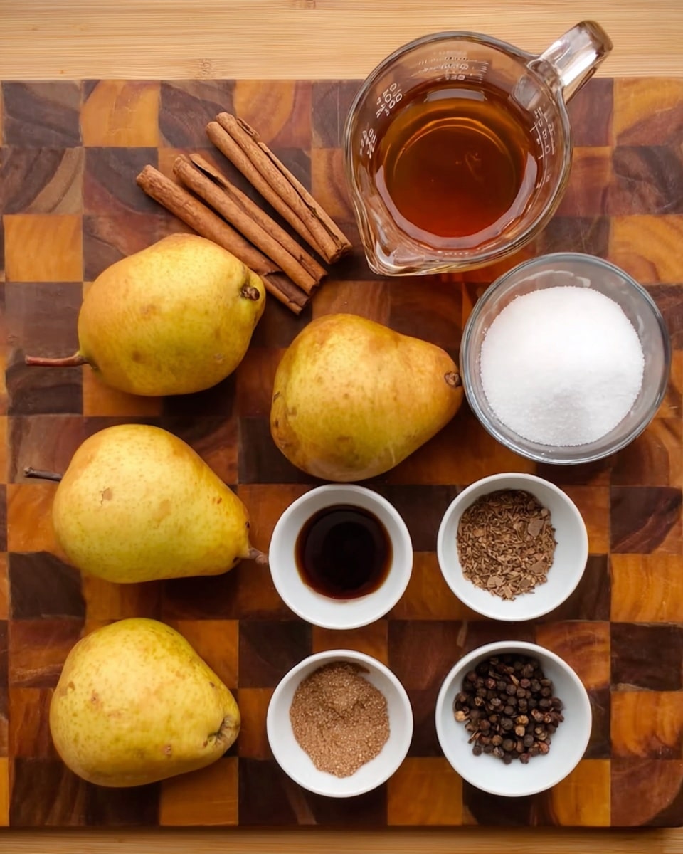 The image shows an arrangement of ingredients on a wooden checkered board, including four whole yellow pears grouped together near three cinnamon sticks, a clear glass measuring cup with a brown liquid, a white bowl filled with white granulated sugar, a white bowl with brown sugar, and three small white bowls containing whole cloves, ground spices, and a dark liquid. The items are placed neatly and spaced apart, giving a clear view of each ingredient on the wooden surface. photo taken with an iphone --ar 4:5 --v 7