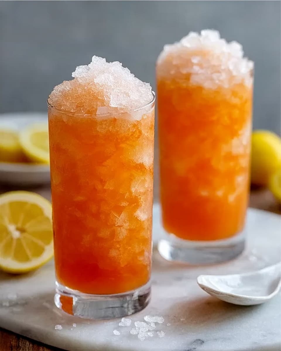 Two tall clear glasses filled with a bright orange iced drink topped with crushed ice sit on a wooden board. Behind the glasses, there is a clear glass pitcher filled with the same orange drink. Several yellow lemon halves are scattered around on a white marbled surface with a blue and white checkered cloth underneath part of the wooden board. A small silver spoon is placed on the left side of the board. The background is blurred with a warm brown color. Photo taken with an iphone --ar 4:5 --v 7