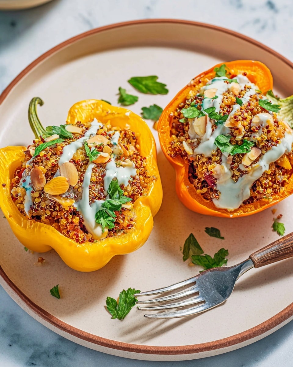 The image shows a white tray filled with eight stuffed bell pepper halves, each placed on a white marbled surface. The peppers are both red and yellow with their tops removed, creating a hollow base. Inside each pepper is a chunky, textured filling made of quinoa, lentils, and vegetables in warm brown and orange shades. The filling is topped with thin, light tan almond slices and drizzled with a creamy, off-white sauce that adds a soft contrast to the vibrant peppers. The peppers are arranged closely together, filling the tray and showcasing the mix of bright colors and textures across all layers. Photo taken with an iphone --ar 4:5 --v 7