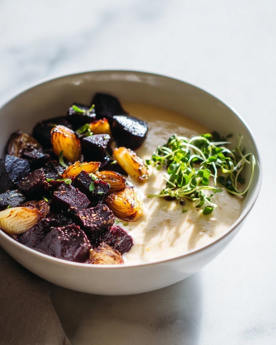 A white bowl sits on a white marbled surface with a beige cloth nearby, filled with three main layers: a creamy white base layer, a middle layer of dark roasted pieces with a shiny, slightly rough texture, and a top layer of fresh green microgreens mixed with small, round light-yellow roasted garlic cloves. In the background, there is a smaller white bowl with more greens and a clear glass of water with ice. A silver spoon lies on the right side of the frame. Photo taken with an iphone --ar 4:5 --v 7