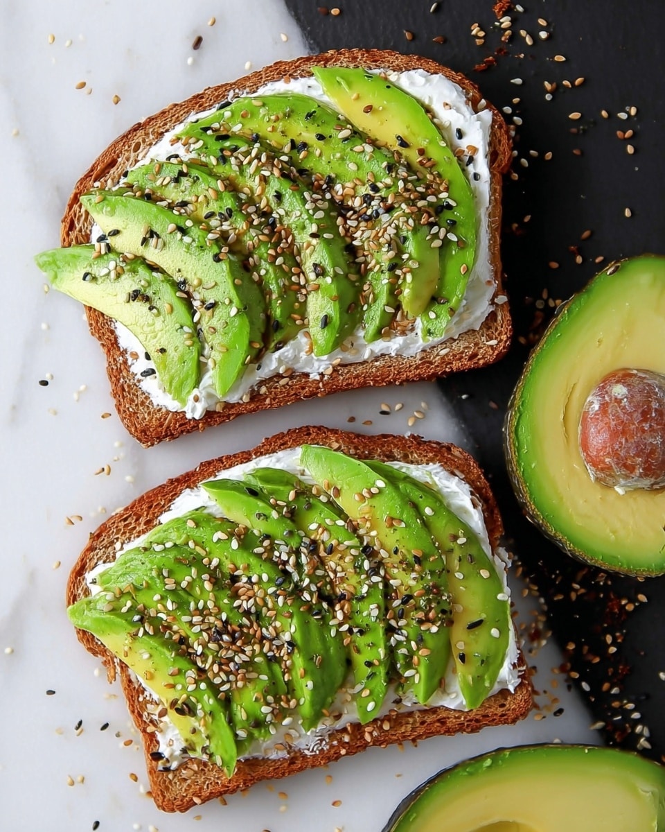 Two slices of brown toast sit on a white marbled surface. Each slice is layered with a smooth white spread, followed by a thick layer of mashed green avocado. On top of the mashed avocado, there are several slices of fresh avocado arranged neatly in a slightly curved pattern. The toast is sprinkled with a mix of black and white sesame seeds and small bits of seasoning that add texture and color contrast. To the right, there are two avocado halves, one showing the seed and the other empty. Photo taken with an iphone --ar 4:5 --v 7