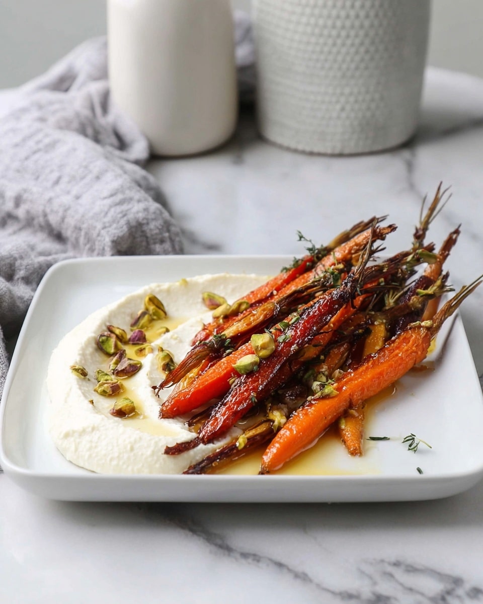 A white square plate holds a dish with two main layers: the bottom layer is a smooth, creamy white spread placed on the left side of the plate, and the top layer consists of a row of roasted carrots with a mix of deep orange and light golden-brown colors, some with a slightly charred texture. Scattered over the carrots and cream are small green pistachio pieces and tiny green herb leaves. The plate sits on a white marbled surface, with a soft gray cloth and a white textured bottle visible in the blurry background. Photo taken with an iphone --ar 4:5 --v 7