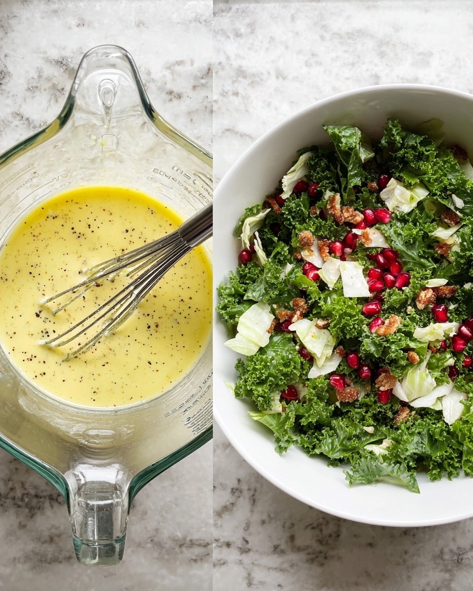 The image shows two side-by-side views: on the left, a clear glass measuring jug containing a smooth, light yellow dressing with specks of black pepper and a metal whisk resting inside; on the right, a white bowl filled with mixed green kale leaves, chunks of white cabbage, small bright red pomegranate seeds scattered throughout, and pieces of a light brown nut topping, all sitting on a white marbled surface. photo taken with an iphone --ar 4:5 --v 7