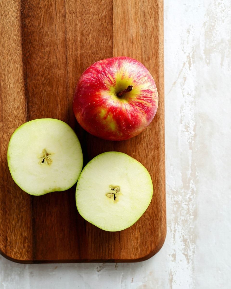 A whole red apple with yellow patches is placed on the right side of a rectangular wooden cutting board. On the left side of the board, two halves of a green apple show their pale green inside with visible seeds. The cutting board is set on a white marbled surface with some faint textured lines, creating a clean and simple look. The photo is taken with an iphone --ar 4:5 --v 7