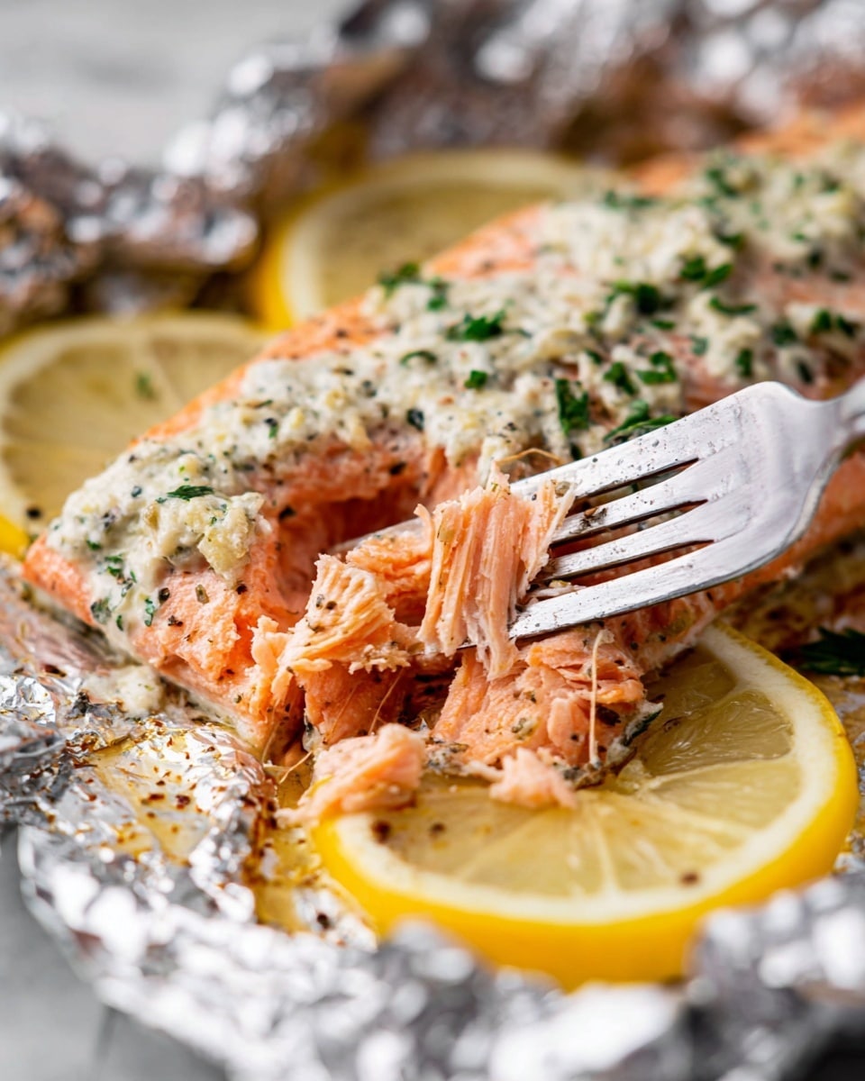 Two thick salmon fillets, cooked with a golden brown color and speckled with green herbs and black pepper, rest on a white marbled surface lined with crumpled silver foil. The fillets have a moist texture with melted butter drizzled on top. Bright yellow lemon wedges are placed around the salmon adding a fresh contrast. A spatula with a black handle lifts the top salmon fillet, showing its tender layers. The whole scene has a warm, inviting look. Photo taken with an iphone --ar 4:5 --v 7