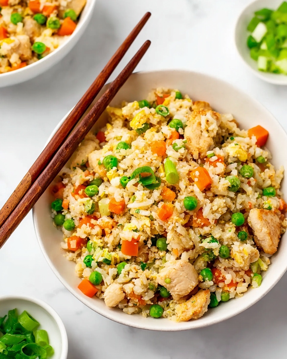 A white bowl filled with a colorful fried rice dish showing about three layers: the bottom layer is light-colored fluffy rice, the middle layer includes small cubes of orange carrots and bright green peas, and the top layer is scattered with pieces of cooked light brown chicken and chopped green onions. On top of the bowl rest a pair of brown wooden chopsticks, placed diagonally. The background features a white marbled surface with another white bowl partially visible on the left and a small white bowl with chopped green onions at the bottom left corner. Photo taken with an iphone --ar 4:5 --v 7