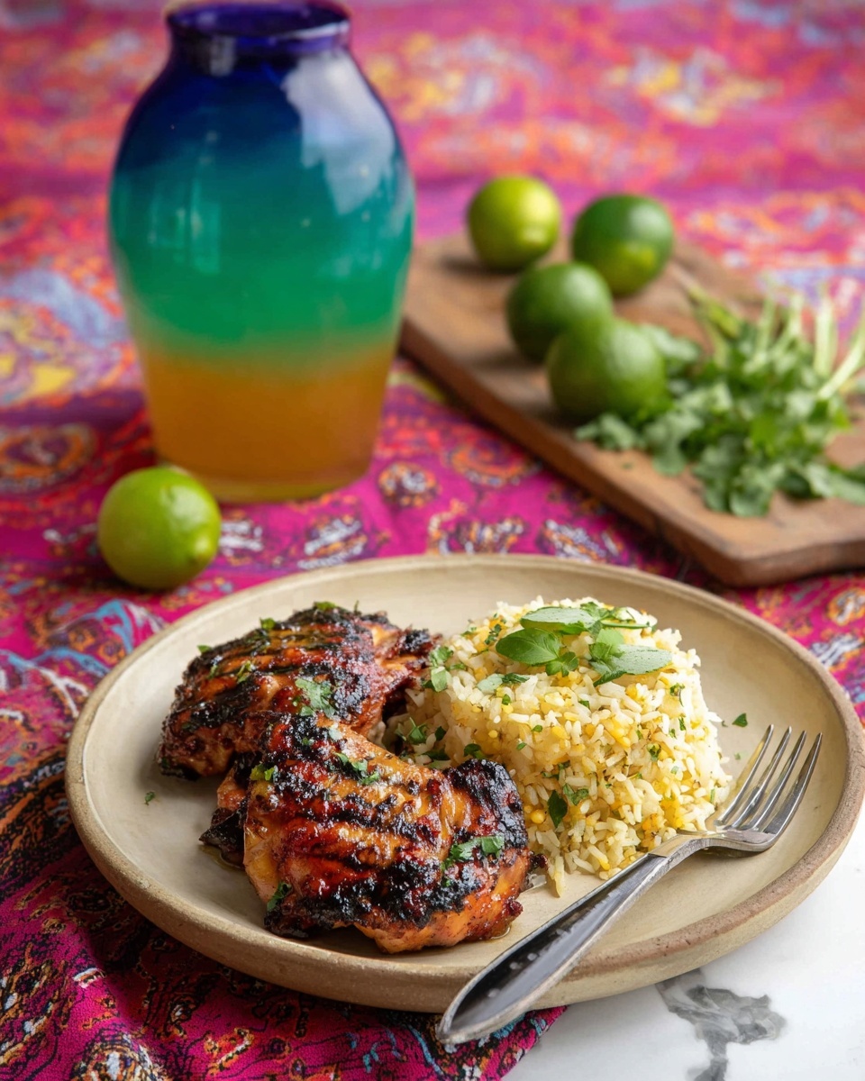 The image shows two pieces of grilled chicken with a dark, shiny, slightly charred surface layered on the left side of a round beige plate. On the right side of the plate, there is a mound of light yellow rice mixed with small green herb pieces, topped with a few green leaves. A silver fork with a black handle rests at the front edge of the plate, touching the rice. The plate sits on a colorful red and purple patterned cloth over a white marbled surface. Behind the plate, there are half and whole green limes, fresh green herbs on a small wooden board, and a large round pitcher and a short glass, both showing a gradient of blue, green, yellow, and orange colors. Photo taken with an iphone --ar 4:5 --v 7