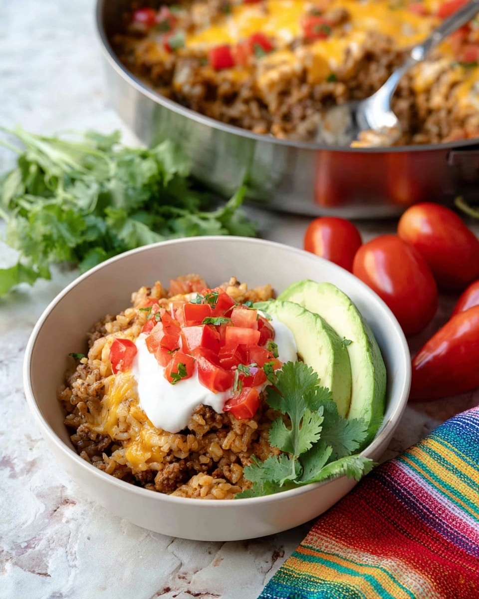 The image shows a white bowl filled with a layered dish. The bottom layer is a mix of cooked minced meat and rice with some light orange melted cheese mixed in. On top, there is a dollop of white sour cream with small bright red chopped tomatoes scattered over it. On the right side of the bowl, two slices of fresh light green avocado lean against the inside edge. A small bunch of green cilantro leaves decorates the side next to the avocado. Behind the bowl is a metal pan filled with more of the same minced meat and rice mixture, topped with sour cream and chopped tomatoes. The bowl rests on a surface with a white marbled texture, next to some red grape tomatoes and green cilantro sprigs, with a colorful striped cloth nearby. Photo taken with an iphone --ar 4:5 --v 7