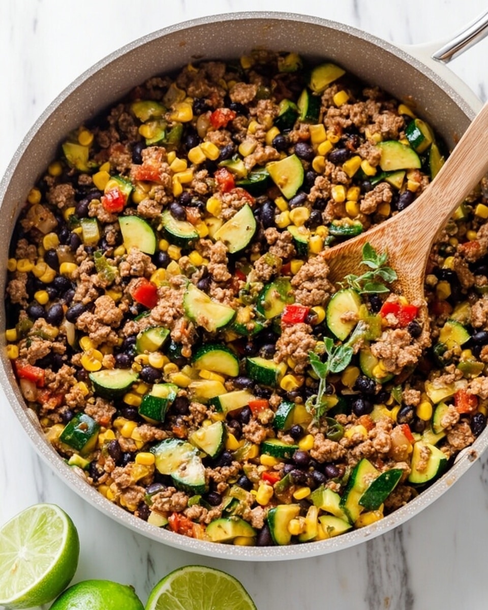 In the image, a white bowl is filled with a colorful mix of cooked ground meat, chopped green zucchini, black beans, yellow corn, and small pieces of red tomato, all garnished with fresh green herbs on top. A silver fork stands upright in the bowl, piercing some of the ingredients. On the side, a small white plate holds sliced green jalapeños and a wedge of lime. A textured white cloth with black patterns is placed near the bowl, and the whole scene is set on a white marbled surface. photo taken with an iphone --ar 4:5 --v 7