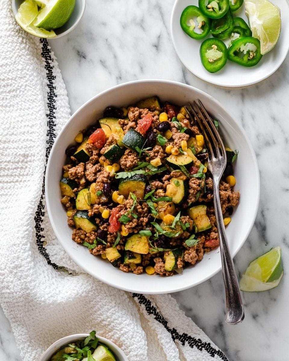 A large light gray pan filled with a mix of cooked ground meat, bright yellow corn kernels, dark black beans, diced green zucchini, and small pieces of red bell pepper, all evenly combined with fresh herbs scattered on top. A wooden spoon with a little green herb on it rests inside the pan, angled diagonally. On the right side, there are two green lime wedges stacked on each other. The pan is placed on a white marbled surface. Photo taken with an iphone --ar 4:5 --v 7