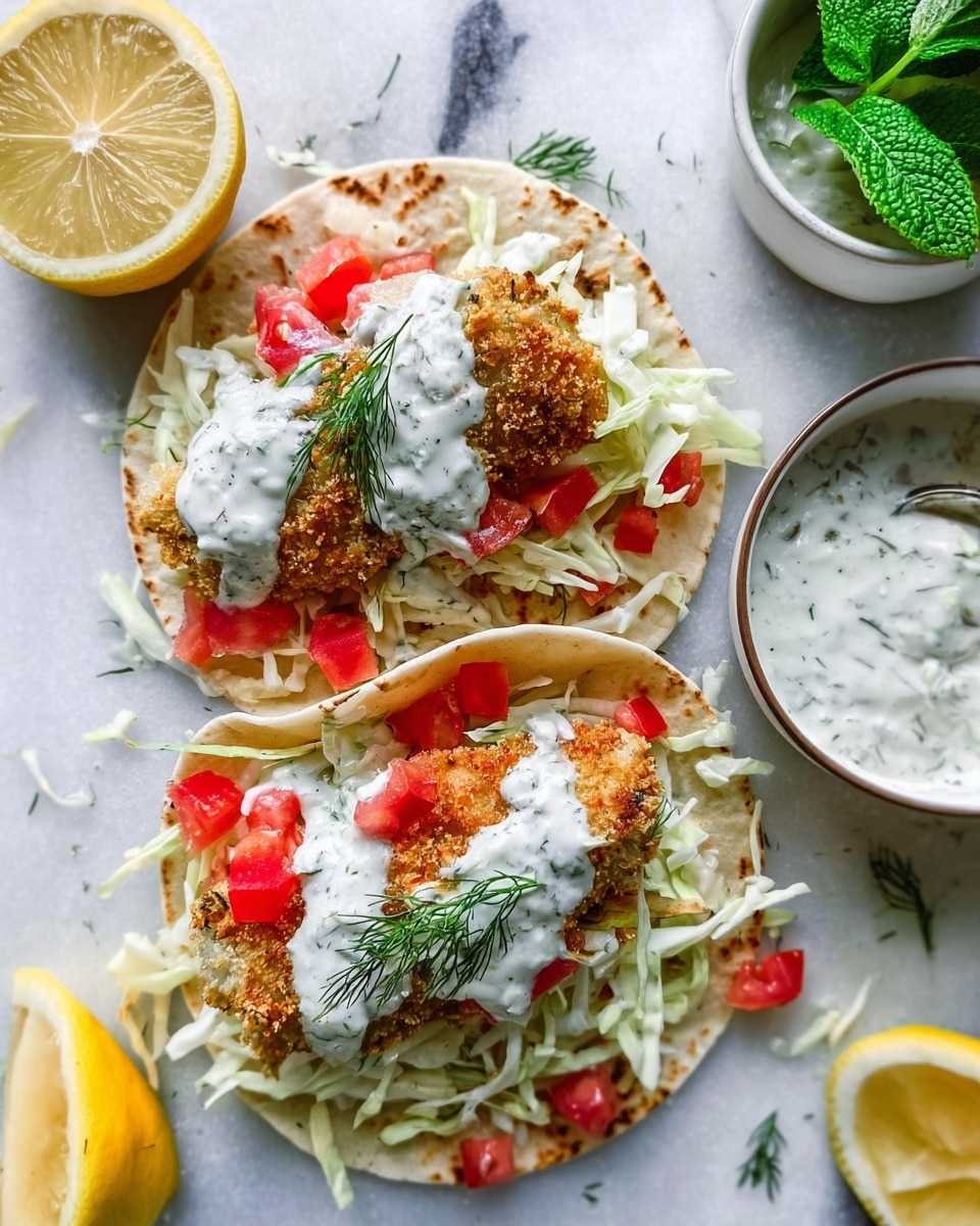 Several soft light brown tortillas lay flat on a white marbled surface, each topped with a layer of pale green shredded cabbage spread evenly. On top of the cabbage, small bright red tomato chunks are scattered. There is a central piece of golden brown fried fish with a crispy texture placed on each tortilla. Over this fish, a generous dollop of white sauce, speckled with green herbs, is spread, garnished with a small sprig of fresh green dill. In the upper left corner, a white bowl filled with the same sauce and a woman's hand holding a spoon is visible next to a cut lemon. The overall look is fresh and colorful, with light and shadow emphasizing the textures. Photo taken with an iphone --ar 4:5 --v 7