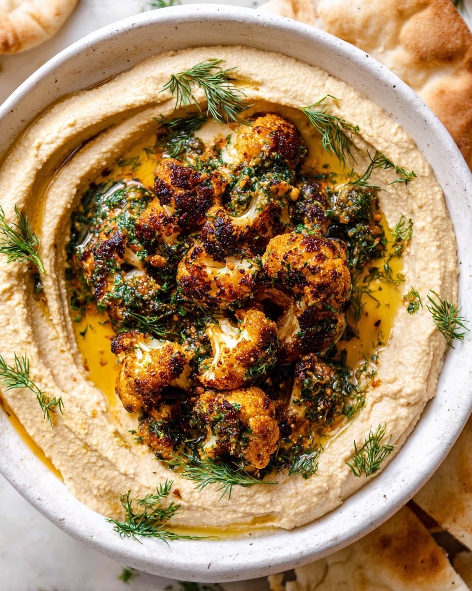 A white bowl holds a creamy, smooth beige hummus spread in a thick circular layer with visible swirls on top. On one side of the hummus, several small roasted cauliflower pieces are scattered, showing a dark golden-brown, slightly charred texture with herbs and green seasoning sprinkled over them. A glossy dark orange oil pools in parts between the cauliflower and hummus, adding shine and color contrast. Fresh green herb sprigs are delicately placed on the cauliflower and around the dish. Around the bowl, several pieces of warm, soft, light beige flatbread with charred spots rest on a white marbled surface. A small white bowl with ridges contains more of the dark orange herb oil with a spoon inside, and fresh bright green basil leaves add freshness to the scene. Photo taken with an iphone --ar 4:5 --v 7