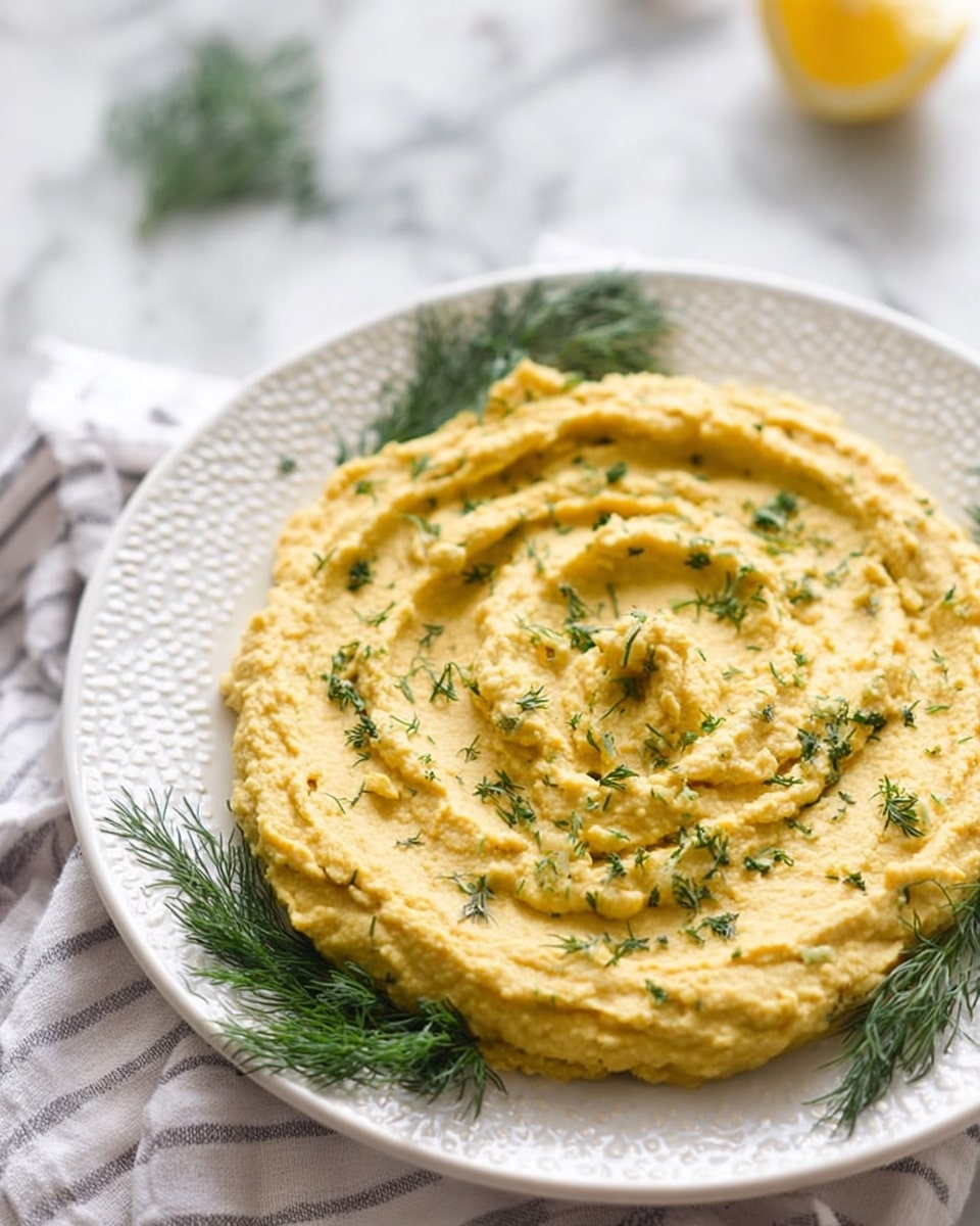 A white plate filled with one thick layer of smooth yellow hummus spread in a round shape, showing gentle swirls and sprinkled with small green dill pieces on top; three bunches of fresh dark green dill are placed around the hummus at the edges of the plate; a small square cracker is positioned standing at the top right edge of the hummus layer; the plate sits on a white and green striped cloth, all set on a white marbled surface with two lemon halves visible around the plate; photo taken with an iphone --ar 4:5 --v 7