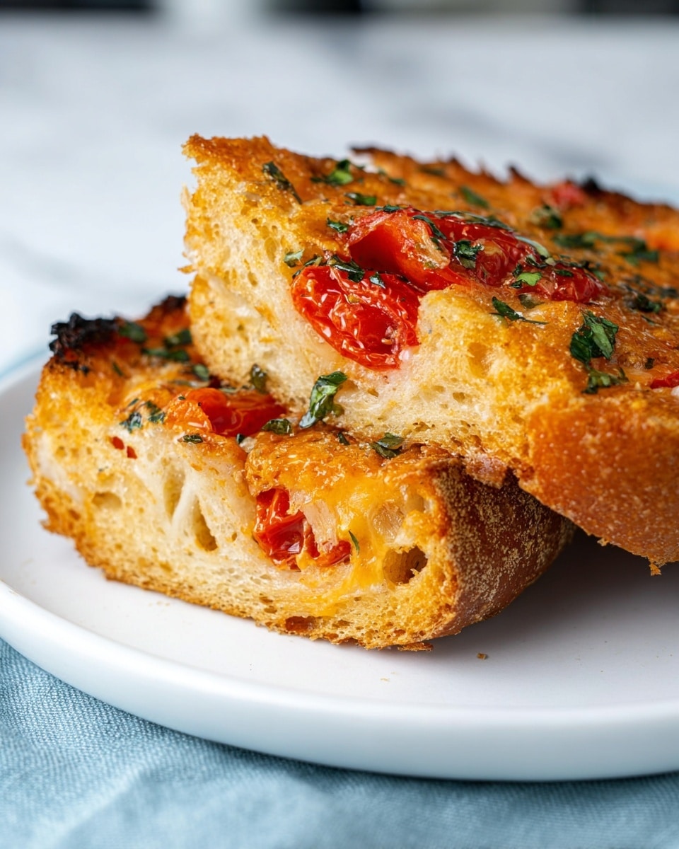 Six rectangular slices of pizza sit spaced out on a metal cooling rack over a white marbled surface. Each slice has a golden-brown crispy crust with a layer of melted, browned cheese on top, scattered with small pieces of chopped green herbs. Visible within the cheese layer are round slices of red tomatoes and bits of nuts or seeds adding texture. The cheese is slightly bubbly and browned unevenly, showing a mix of darker and lighter golden colors. Photo taken with an iphone --ar 4:5 --v 7