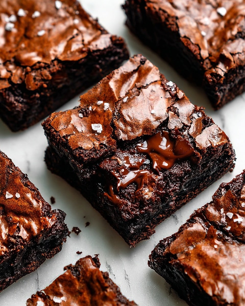 The image shows several thick, square brownies placed closely together on a white marbled surface. Each brownie has a rich, dark brown color with a shiny, crinkly top layer that looks slightly cracked. Underneath the top layer, melted chocolate pools can be seen, adding a glossy texture and a lighter brown shade contrasting with the darker body of the brownies. Small white salt flakes are scattered on the surface, enhancing the texture. The brownies appear dense and fudgy with uneven edges. Photo taken with an iphone --ar 4:5 --v 7