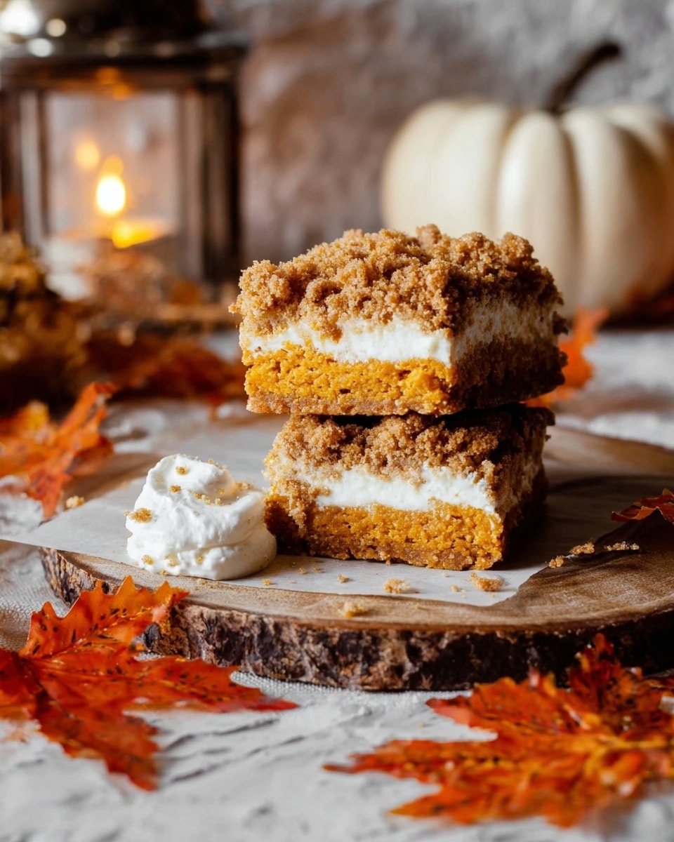A stack of two pumpkin crumb bars sits on a round wooden board against a cozy background with a lit lantern and white pumpkin. Each bar has three layers: a bottom layer of dense orange pumpkin cake, a middle white creamy layer, and a crumbly brown streusel topping with a coarse texture. A dollop of white cream is placed beside the bars on the board. Scattered orange and red autumn leaves decorate the foreground, and a woman's hand can be seen reaching from the right side. The whole scene is set on a white marbled surface. Photo taken with an iphone --ar 4:5 --v 7