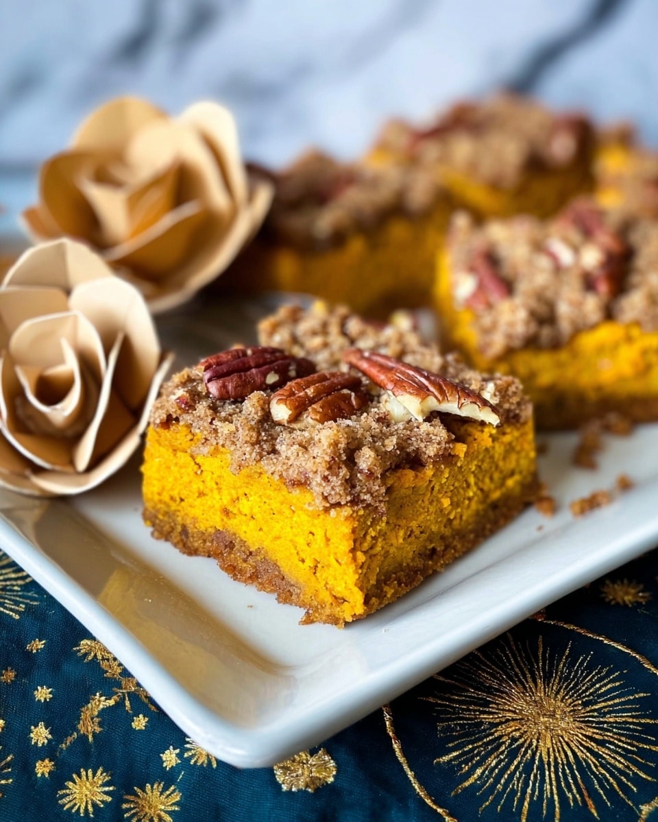 A close-up view of a square piece of pumpkin cake with a thick bright orange bottom layer and a crumbly brown topping sprinkled with pecan pieces. The cake sits on a white plate with several more pieces visible in the background. Two decorative beige paper flowers are placed beside the cake, and the plate is on a dark blue cloth with a gold sun and star pattern. The setting has a white marbled surface in the background, photo taken with an iphone --ar 4:5 --v 7