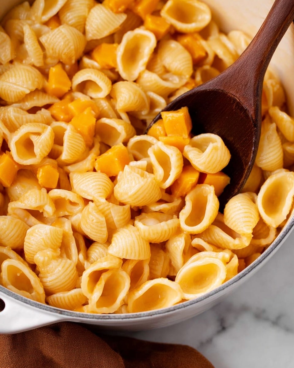 A white round plate holds a pasta dish with two main layers, the bottom layer is chunky, bright orange pieces of cooked squash, and the top layer is small, shell-shaped pasta in a light cream color mixed evenly with the squash. Scattered on top are a few whole, dark green sage leaves that add contrast. A gold fork is placed on the right side of the plate, resting partly in the pasta. The background is a white marbled surface with a small bunch of fresh sage leaves resting on the left side and a warm brown cloth partially visible on the right side. Photo taken with an iphone --ar 4:5 --v 7