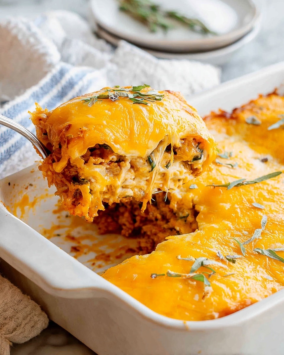 A rolled lasagna piece sits on a white plate with three visible layers of wavy pasta separated by thin green herb leaves and a thick orange creamy sauce that covers and pools around the lasagna. The top layer is coated with a slightly browned, bubbly melted cheese with small bits of herbs on it. The plate is placed on a light wood surface with a soft beige cloth and some green leaves blurred in the background. A white casserole dish with more lasagna is partly visible in the top left corner. Photo taken with an iphone --ar 4:5 --v 7