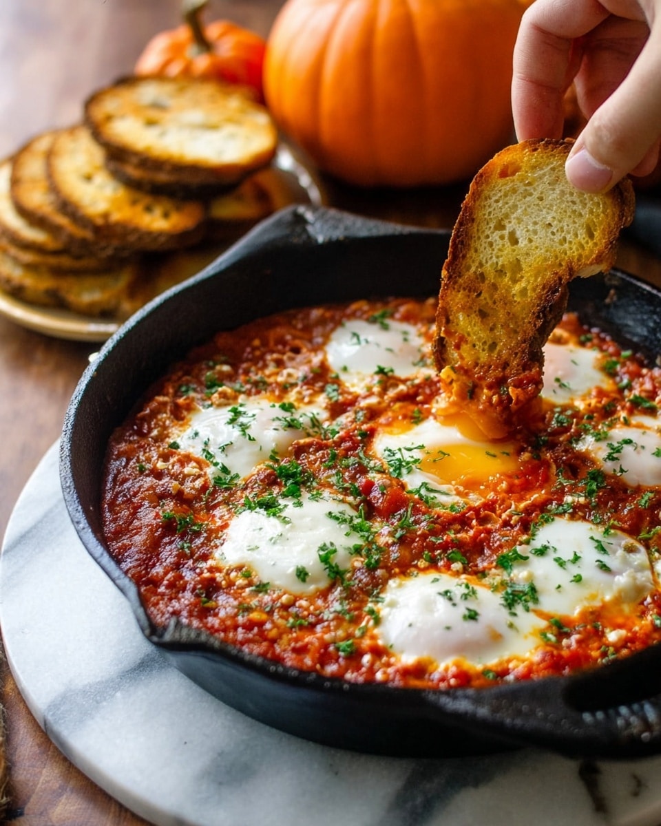 A black cast iron pan filled with a dish made of a thick red tomato sauce base, evenly topped with five soft white eggs, some with slight yellow yolk showing through. The sauce is chunky with small bits and garnished with fresh green herbs scattered on top. The pan sits on a round wooden board, which is placed on a piece of beige burlap fabric. Around the pan are two small orange pumpkins, a bowl of bright orange spread, and some slices of crusty white bread on a white marbled surface. A red bell pepper is partially visible at the bottom left corner. Photo taken with an iphone --ar 4:5 --v 7
