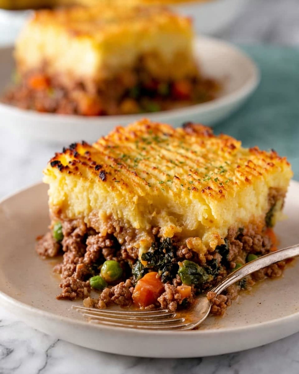 A close-up of a square slice of layered casserole being lifted from a white baking dish with a black spatula. The casserole has three visible layers: the top layer is golden brown and textured with light grill marks, the middle layer is thick with mixed cooked vegetables in various colors including dark green, orange, and beige, and the bottom layer appears to be a lighter, soft base. The background is softly blurred showing more casserole in the white dish on a white marbled surface. photo taken with an iphone --ar 4:5 --v 7