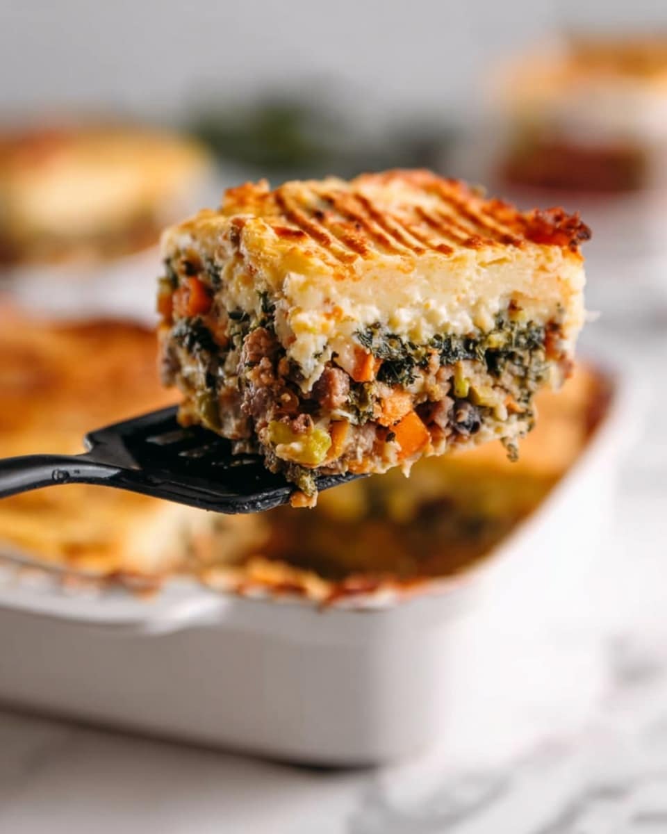 The image shows a white rectangular baking dish filled with a layered shepherd’s pie. The bottom layer is a thin golden yellow mash, topped by a thick, textured layer of ground meat mixed with green peas and small pieces of orange carrot. The top layer is a thick, golden brown mashed potato crust with ridges created by a fork or similar tool, slightly browned and crispy on the surface. A large serving has been taken out from one corner, showing the layers clearly. The dish is set on a white marbled surface with a blue and white striped cloth underneath. In the background, there is a stack of empty white plates and a metal serving utensil. Photo taken with an iphone --ar 4:5 --v 7