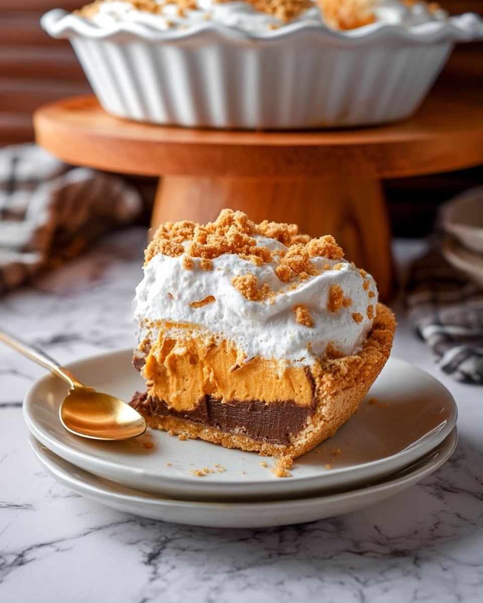 The image shows a slice of pie on a white plate with a gold spoon beside it. The pie has four layers: a light brown crust at the bottom, a thick dark orange layer above it, a soft white cream layer on top of the orange part, and crumbly light brown toppings scattered over the white cream. The background includes a white pie dish on a wooden stand, with the surface beneath having a white marbled texture. Photo taken with an iphone --ar 4:5 --v 7