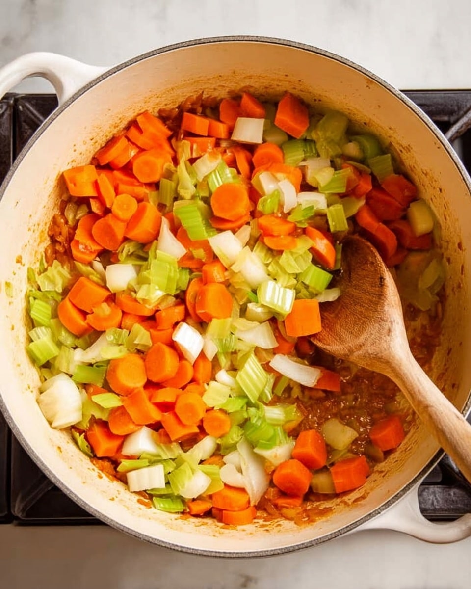 A white deep pot filled with a mix of sliced orange carrots, chopped white onions, and green celery pieces. The vegetables sit on top of a browned base layer that looks like cooked bits, giving a warm brown color at the bottom and edges of the pot. A wooden spoon rests inside the pot, partially covered by the vegetables. The pot is placed on a stove with a white marbled surface around it. photo taken with an iphone --ar 4:5 --v 7
