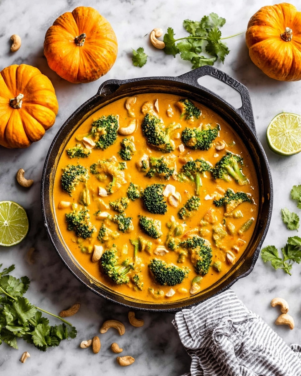 A black pan filled with thick orange curry with broccoli florets scattered throughout, along with visible pieces of cashews and slices of vegetables. The pan rests on a white and dark gray striped cloth, all placed on a white marbled surface. Around the pan, there are small orange pumpkins, lime wedges, green cilantro sprigs, and some scattered cashews, creating a cozy autumn atmosphere. Photo taken with an iphone --ar 4:5 --v 7