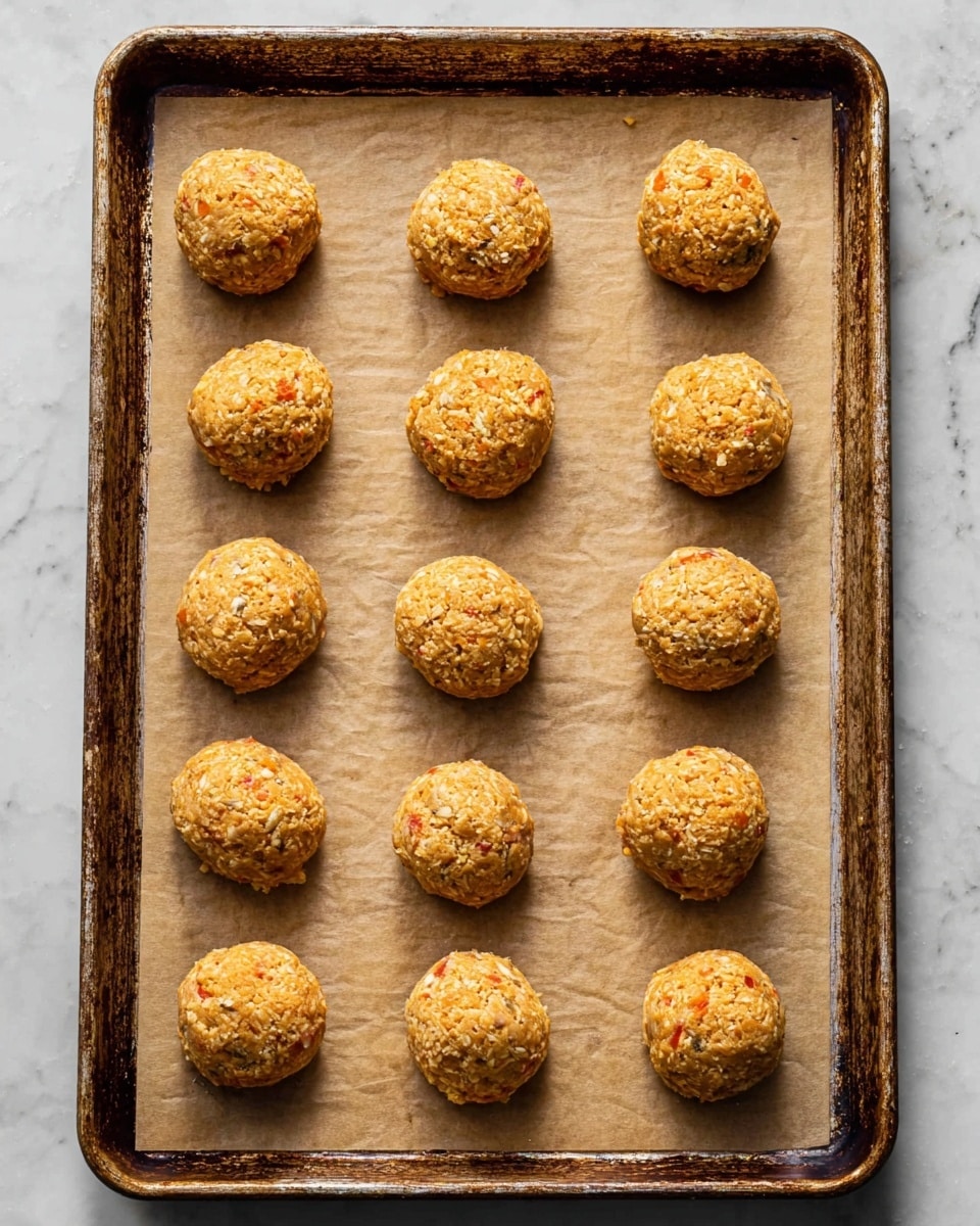 A baking tray lined with brown parchment paper holds 14 small, round dough balls spaced evenly across the tray. Each dough ball is textured with visible bits of ingredients, showing a rough, grainy surface with colors of light orange and specks of white and red. The tray edges are slightly worn, contrasting with the soft texture of the dough balls and the smooth parchment paper underneath. The background surface is a white marbled texture. photo taken with an iphone --ar 4:5 --v 7