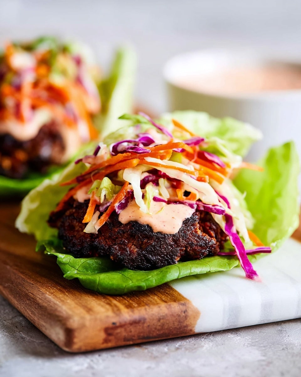 Three lettuce wraps are placed on a white marbled surface next to a wooden board. Each wrap has three layers: a large green leaf of lettuce as the base, a round dark brown patty with a slightly charred texture in the middle, and a mix of shredded vegetables on top, including purple cabbage, orange carrot strips, and white cabbage or radish. Some light orange sauce is drizzled over the vegetables in each wrap. Two halves of a bright green lime are placed around the wraps. photo taken with an iphone --ar 4:5 --v 7