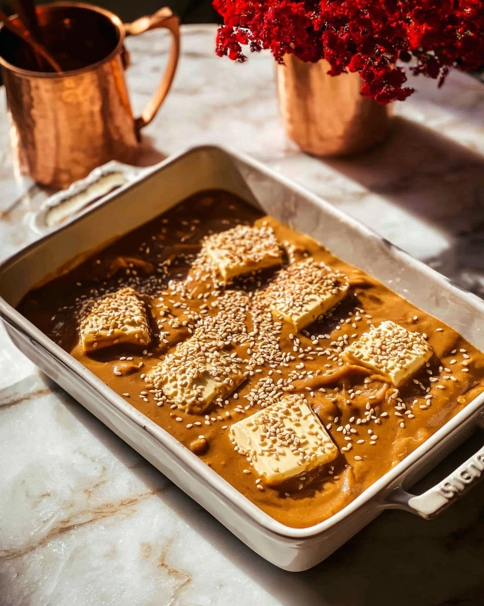 A white rectangular baking dish holds a thick, creamy brown sauce with visible chunks of food inside. There are four small square pieces of pale yellow butter spread evenly on top, each sprinkled generously with light beige sesame seeds. The baking dish sits on a white marbled surface, and in the background, there is a copper mug filled with bright red flowers. The lighting is warm, creating soft shadows around the dish. Photo taken with an iphone --ar 4:5 --v 7