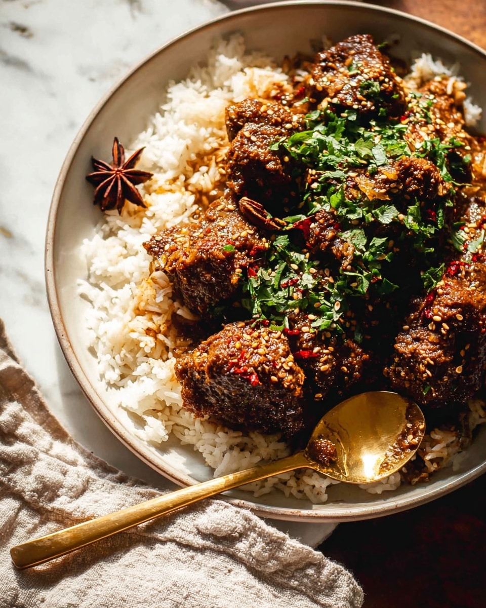 A white round plate holds a meal with two main layers: at the bottom, there is a bed of fluffy white rice, and on top, several pieces of cooked meat covered in a thick, creamy orange sauce with visible sesame seeds sprinkled on the meat. Fresh green chopped herbs are scattered generously over the meat and sauce. A whole star anise and a sprig of fresh green cilantro rest on the rice near the meat. A gold spoon is placed on the right side of the plate, partially resting on the rice. The plate sits on a white marbled surface, with part of a beige cloth visible on the lower right side. Nearby, there is a small bowl filled with sesame seeds and star anise. photo taken with an iphone --ar 4:5 --v 7