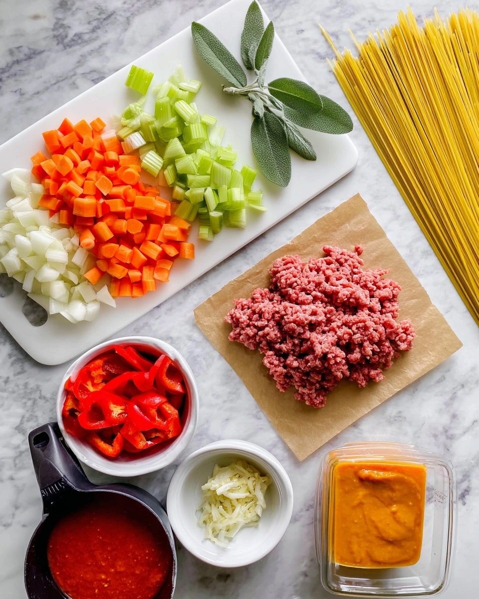 The image shows various ingredients arranged on a white marbled surface. On the left, there is a white cutting board with three piles of chopped vegetables: orange carrots, white onions, and light green celery. Above the vegetables, there is a small bunch of fresh green sage leaves. Below the cutting board, a small white bowl holds minced garlic. To the right, a square piece of brown parchment paper holds a portion of raw ground meat. Next to it, a white bowl contains bright red roasted peppers. Below the meat and peppers, there is a black measuring cup filled with red tomato sauce, and next to that, a clear plastic container holds smooth orange pumpkin puree. In the top right corner, several long, dry yellow spaghetti noodles are placed on the white marbled surface. photo taken with an iphone --ar 4:5 --v 7