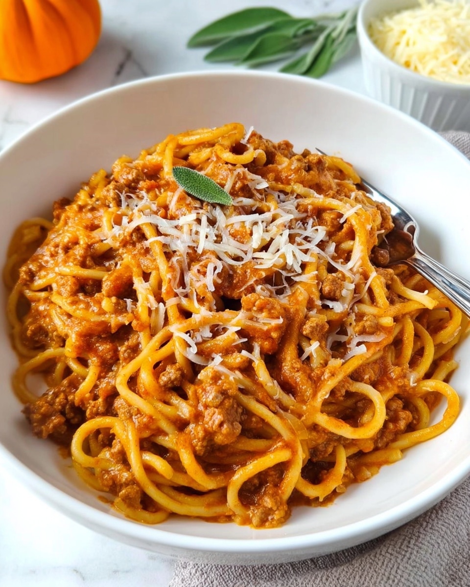 A white bowl filled with a generous serving of spaghetti mixed with a thick, orange-brown meat sauce, topped with a light sprinkle of finely shredded white cheese. The spaghetti is tangled and looks soft, with the sauce evenly coating the noodles and small pieces of ground meat visible throughout. To the side of the bowl, there is a green sage leaf garnish and a silver fork resting inside the bowl on the right. In the background, a small white bowl holds shredded cheese and a small pumpkin adds a warm orange tone. All of this is set on a white marbled surface. Photo taken with an iphone --ar 4:5 --v 7