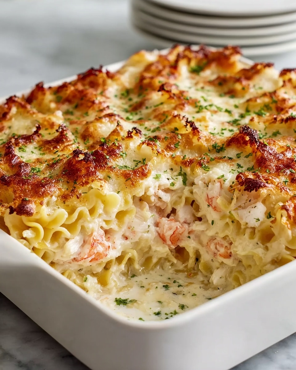 A white rectangular baking dish filled with a layered lasagna topped with browned, melted cheese that has golden and slightly dark spots. Scattered red chunks of seafood, likely lobster, are mixed into the cheese layer, with a sprinkling of chopped green herbs adding color contrast. The lasagna layers beneath can be seen slightly through the cheese top, showing a creamy yellow sauce and pasta sheets. The dish is placed on a white marbled surface with a light-colored cloth underneath. photo taken with an iphone --ar 4:5 --v 7