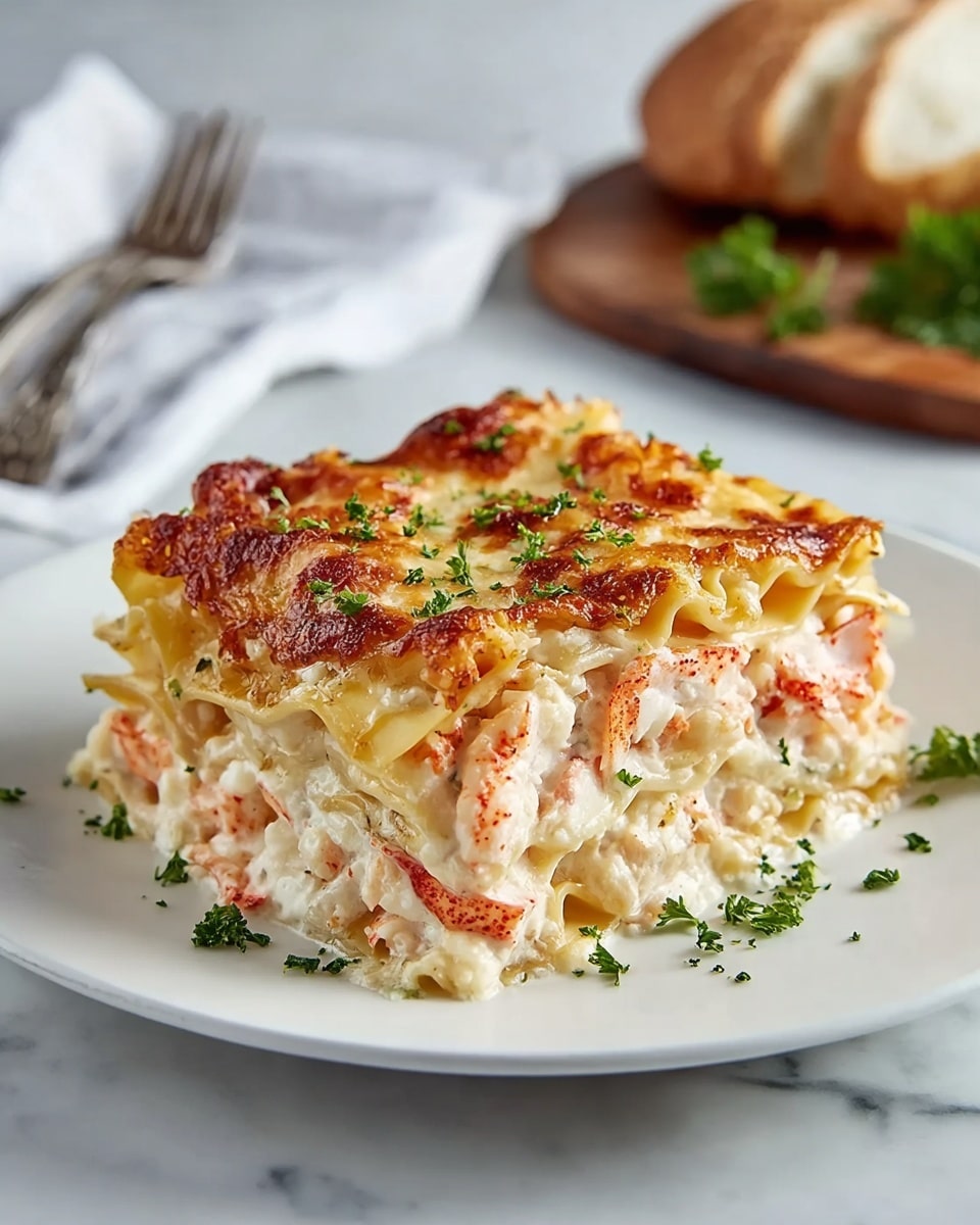 A square piece of layered lasagna sits in the center of a white plate on a white marbled surface. The lasagna has about four visible layers: a golden-brown baked cheese top layer with some crispy spots, followed by alternating creamy white sauce layers mixed with chunks of lobster meat that are pale pink and orange. The layers of pasta are light yellow and slightly textured. Small green parsley pieces are sprinkled on top and around the plate, adding a fresh green contrast to the warm colors of the dish. In the background, there is a blurred white and gray cloth with forks and a loaf of bread on a wooden board. photo taken with an iphone --ar 4:5 --v 7