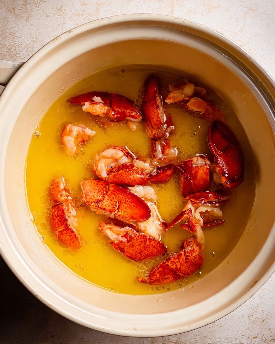 Inside a white pot with a cream interior, bright red lobster pieces float in a shiny, golden yellow liquid, creating a warm and rich color contrast. The lobster pieces are scattered unevenly, showing a mix of smooth and slightly textured surfaces, with some parts glossy from the liquid covering them. The background shows a subtle texture of the pot's cream coating, enhancing the vivid colors of the lobster and liquid. photo taken with an iphone --ar 4:5 --v 7